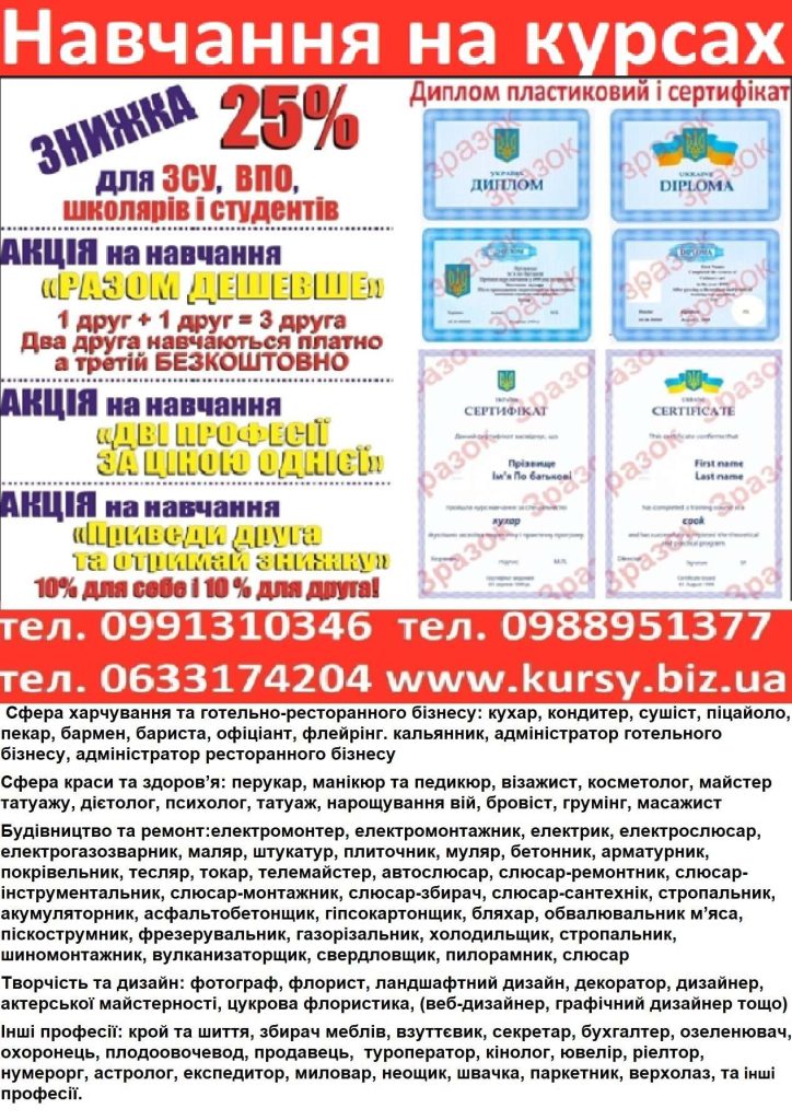 Диплом пластиковий і сертифікат акція друга професі безкоштовна